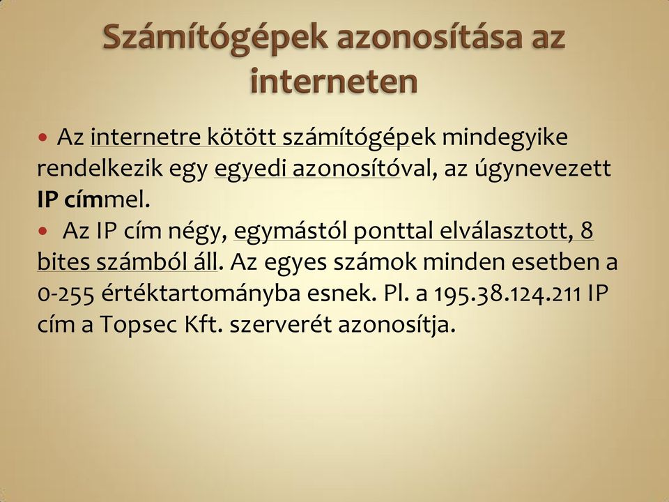 Az IP cím négy, egymástól ponttal elválasztott, 8 bites számból áll.