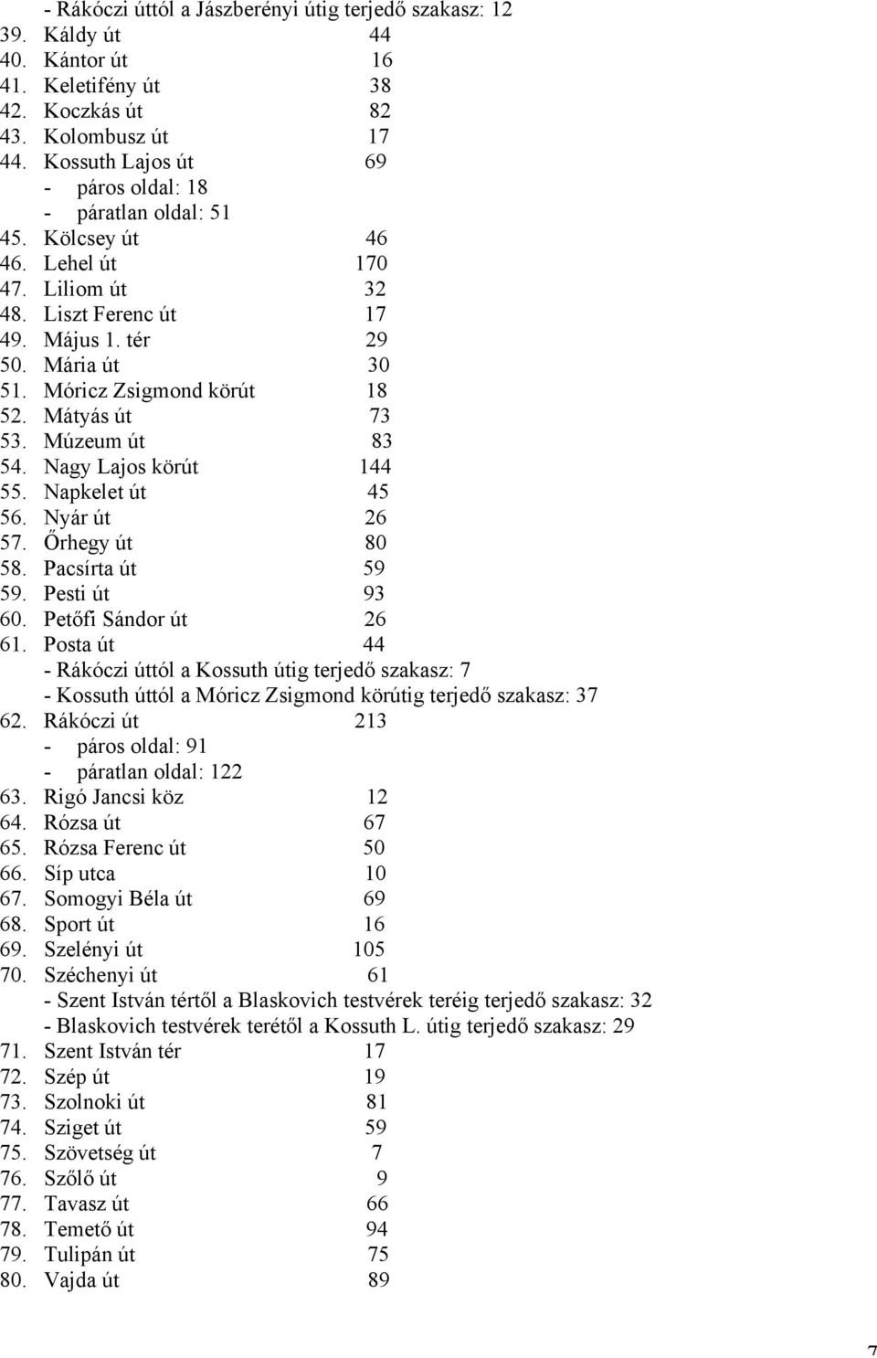 Móricz Zsigmond körút 18 52. Mátyás út 73 53. Múzeum út 83 54. Nagy Lajos körút 144 55. Napkelet út 45 56. Nyár út 26 57. Őrhegy út 80 58. Pacsírta út 59 59. Pesti út 93 60. Petőfi Sándor út 26 61.