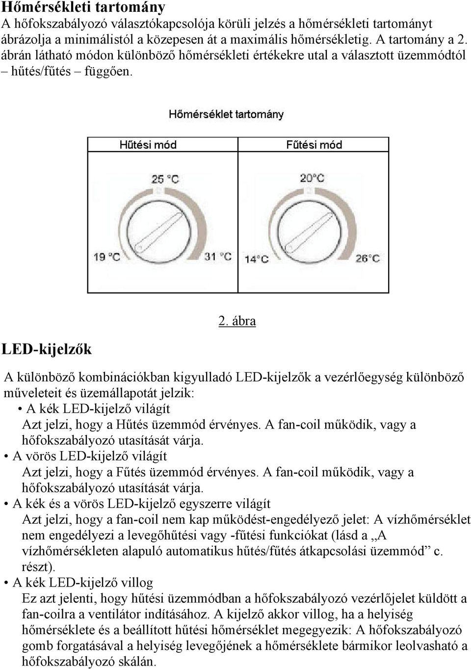 ábra A különböző kombinációkban kigyulladó LED-kijelzők a vezérlőegység különböző műveleteit és üzemállapotát jelzik: A kék LED-kijelző világít Azt jelzi, hogy a Hűtés üzemmód érvényes.