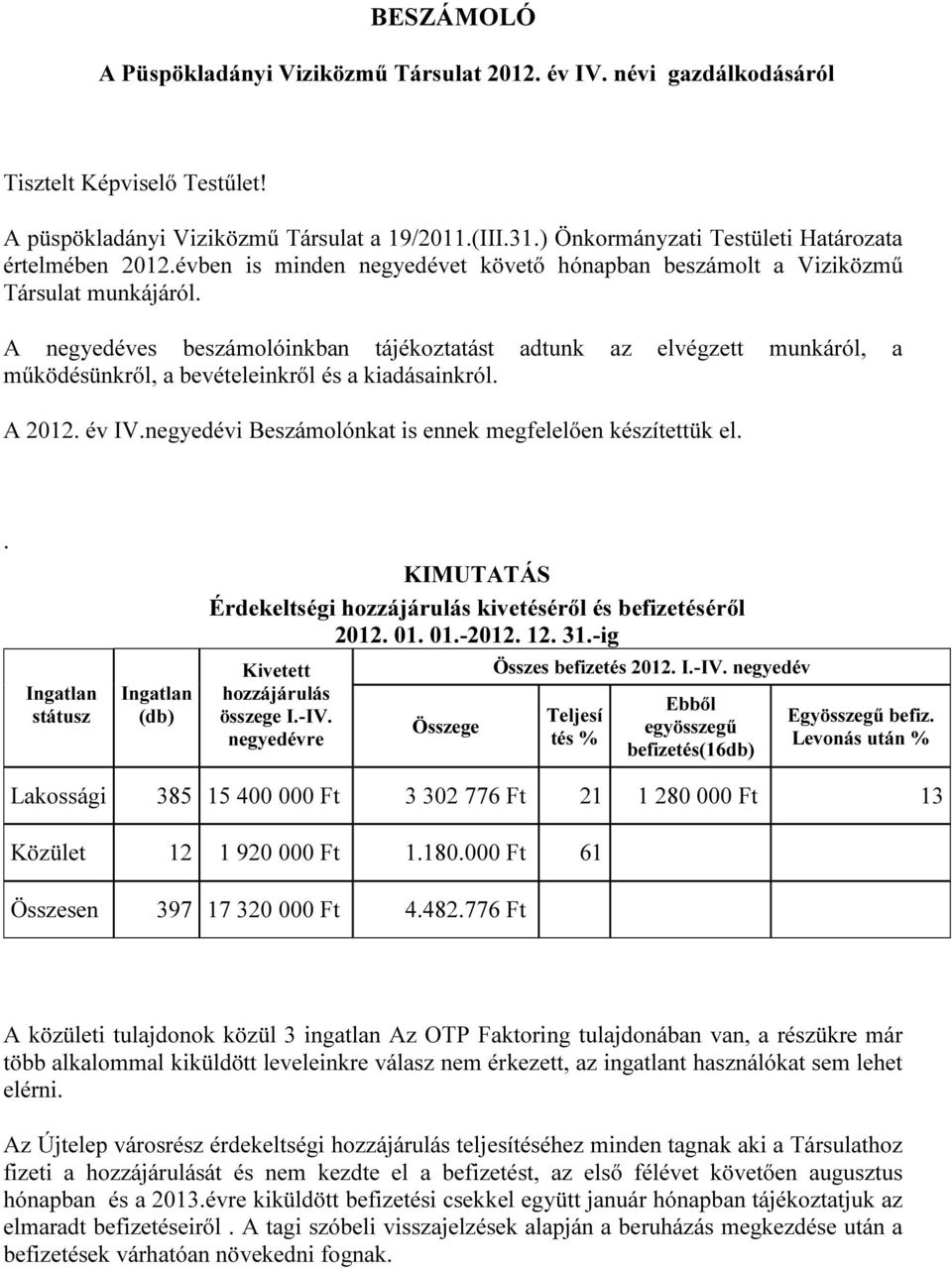 A negyedéves beszámolóinkban tájékoztatást adtunk az elvégzett munkáról, a működésünkről, a bevételeinkről és a kiadásainkról. A 2012. év IV.