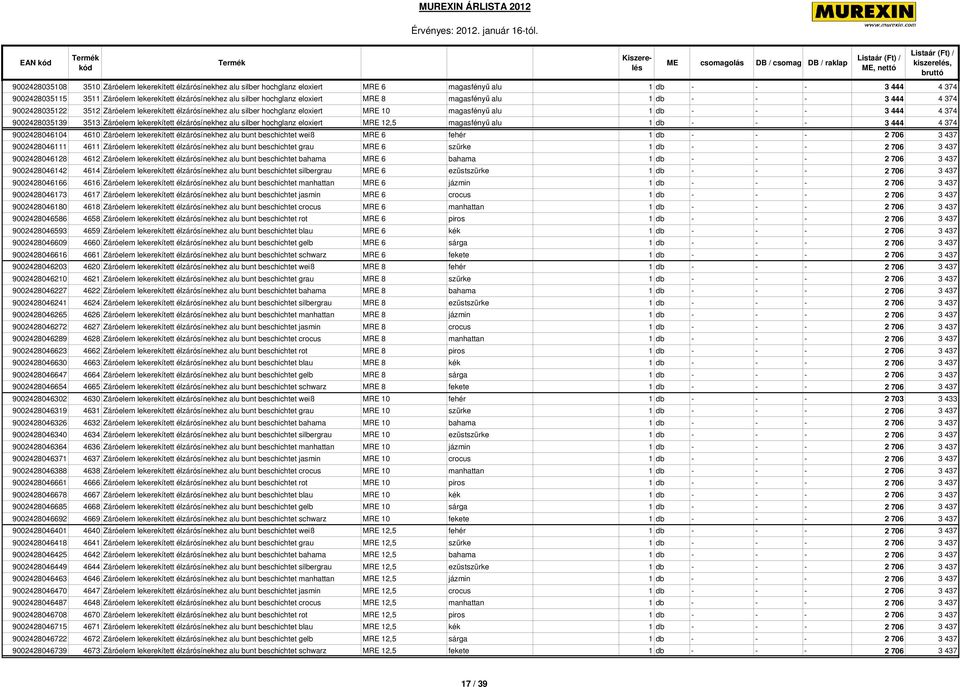 374 9002428035139 3513 Záróelem lekerekített élzárósínekhez alu silber hochglanz eloxiert MRE 12,5 magasfényő alu 1 db - - - 3 444 4 374 9002428046104 4610 Záróelem lekerekített élzárósínekhez alu