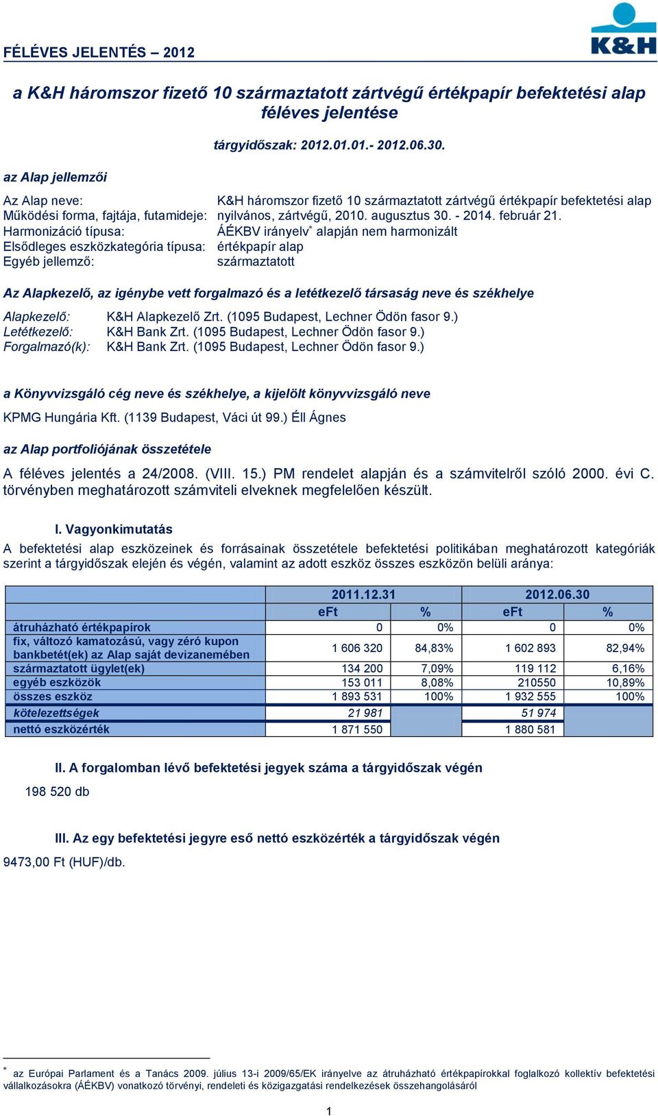 Harmonizáció típusa: ÁÉKBV irányelv alapján nem harmonizált Elsődleges eszközkategória típusa: értékpapír alap Egyéb jellemző: származtatott Az Alapkezelő, az igénybe vett forgalmazó és a letétkezelő