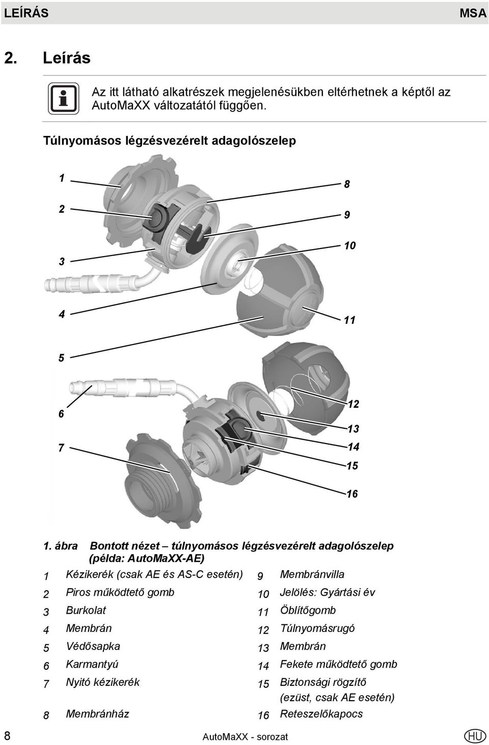 ábra Bontott nézet túlnyomásos légzésvezérelt adagolószelep (példa: AutoMaXX-AE) 1 Kézikerék (csak AE és AS-C esetén) 9 Membránvilla 2 Piros működtető