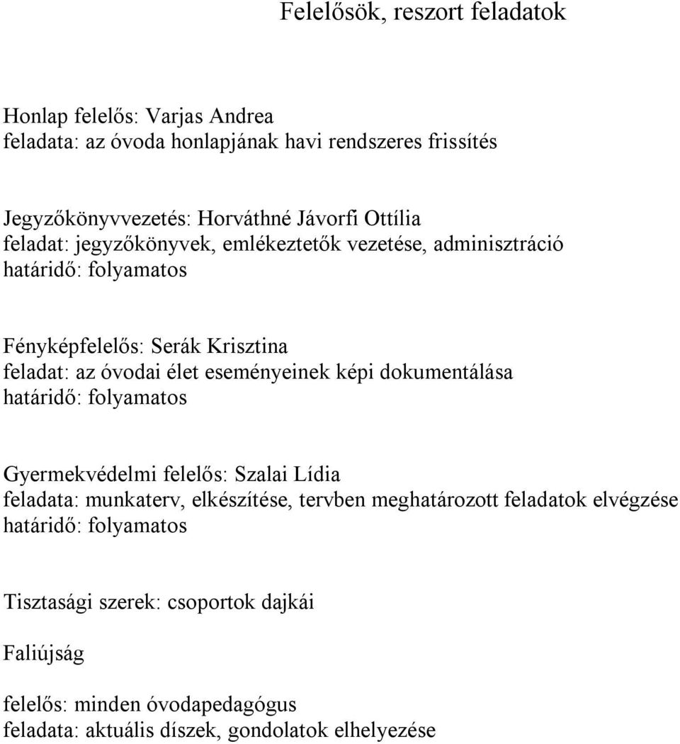 eseményeinek képi dokumentálása határidő: folyamatos Gyermekvédelmi felelős: Szalai Lídia feladata: munkaterv, elkészítése, tervben meghatározott