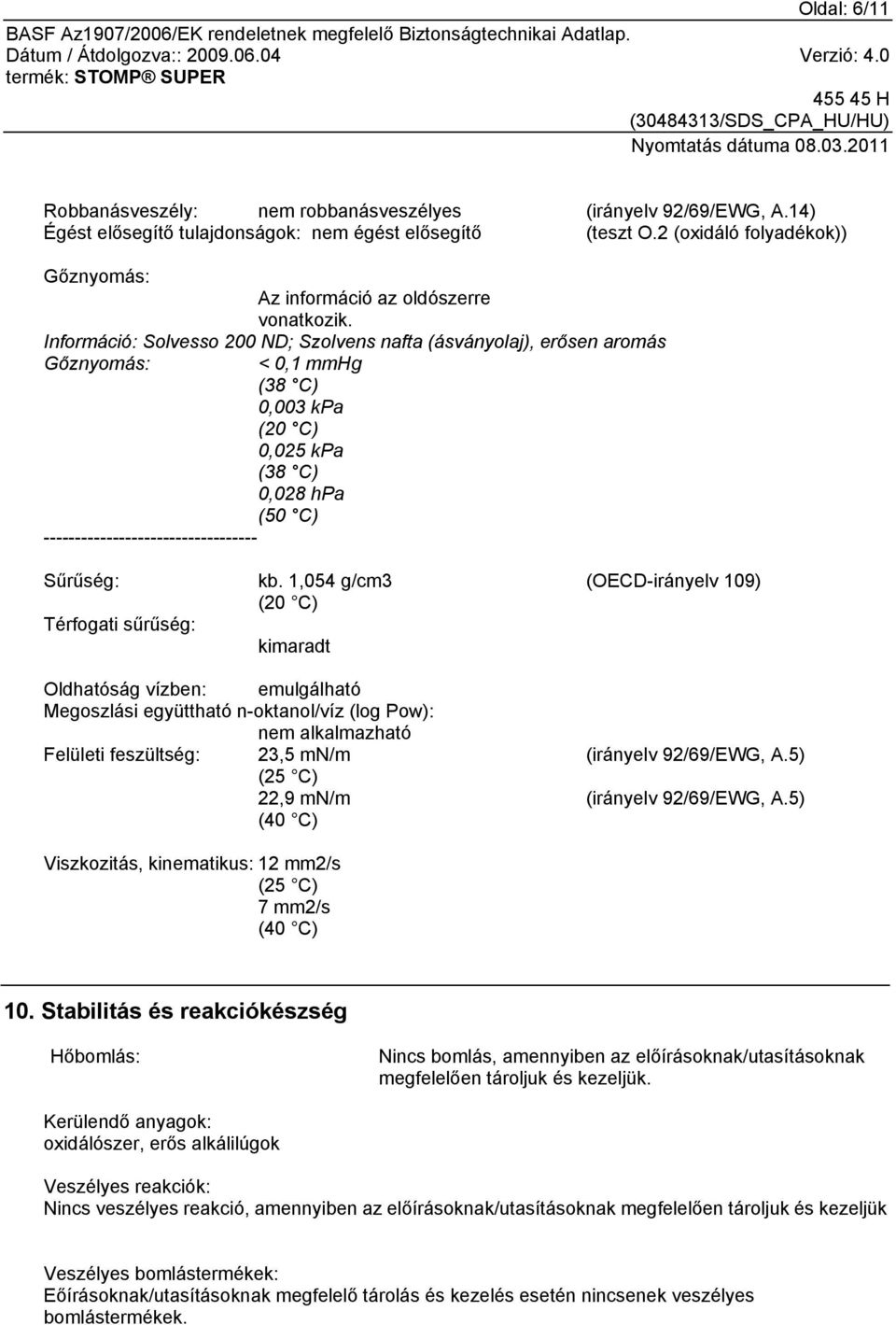 Információ: Solvesso 200 ND; Szolvens nafta (ásványolaj), erősen aromás Gőznyomás: < 0,1 mmhg (38 C) 0,003 kpa (20 C) 0,025 kpa (38 C) 0,028 hpa (50 C) ---------------------------------- Sűrűség: