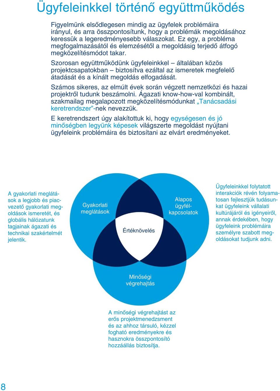 Szorosan együttmûködünk ügyfeleinkkel általában közös projektcsapatokban biztosítva ezáltal az ismeretek megfelelô átadását és a kínált megoldás elfogadását.