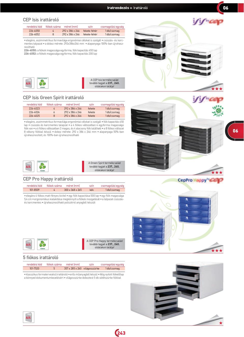 egyforma, fiók kapacitás 200 lap A CEP Isis termékcsalád további tagjait a 237., 240.