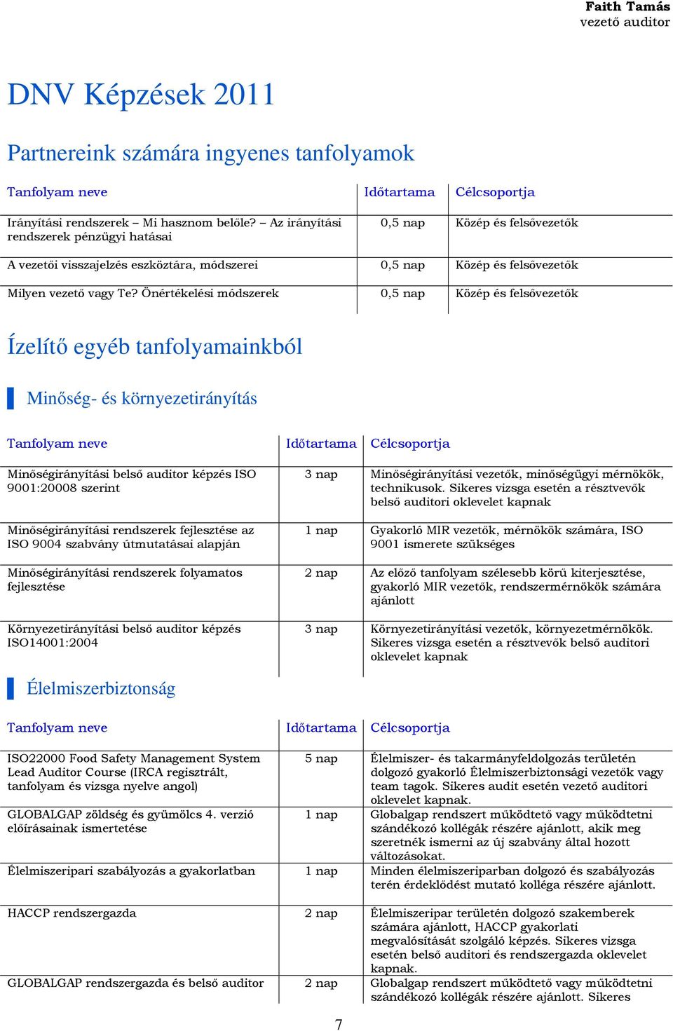 Önértékelési módszerek 0,5 nap Közép és felsővezetők Ízelítő egyéb tanfolyamainkból Minőség- és környezetirányítás Tanfolyam neve Minőségirányítási belső auditor képzés ISO 9001:20008 szerint