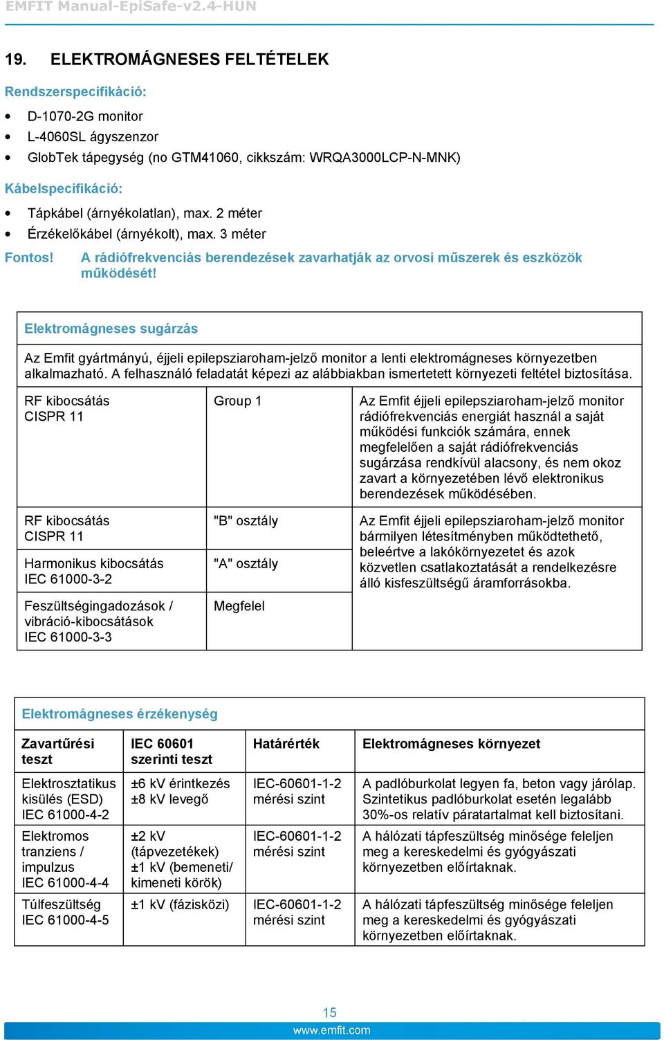 Elektromágneses sugárzás Az Emfit gyártmányú, éjjeli epilepsziaroham-jelző monitor a lenti elektromágneses környezetben alkalmazható.