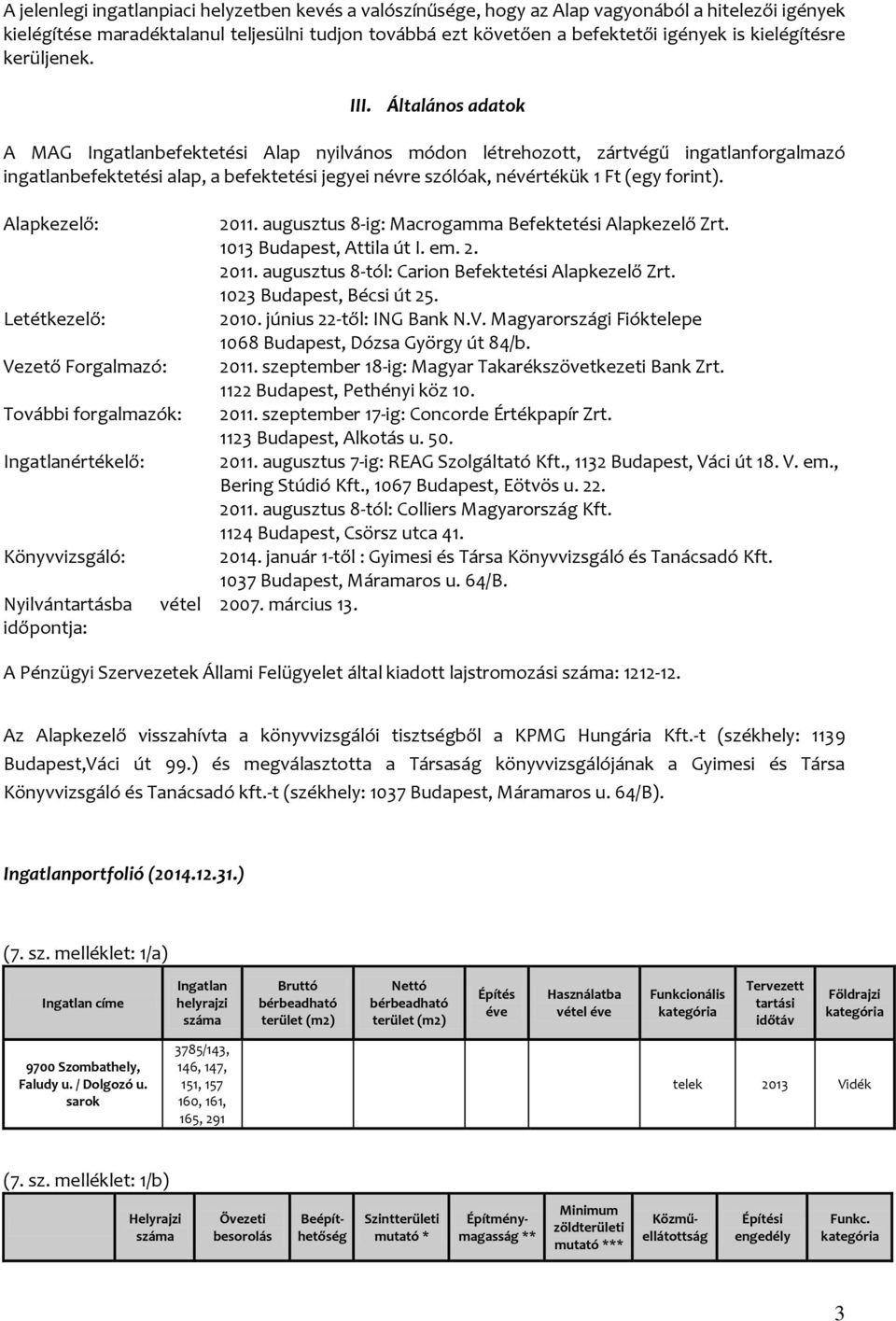 Általános adatok A MAG Ingatlanbefektetési Alap nyilvános módon létrehozott, zártvégű ingatlanforgalmazó ingatlanbefektetési alap, a befektetési jegyei névre szólóak, névértékük 1 Ft (egy forint).