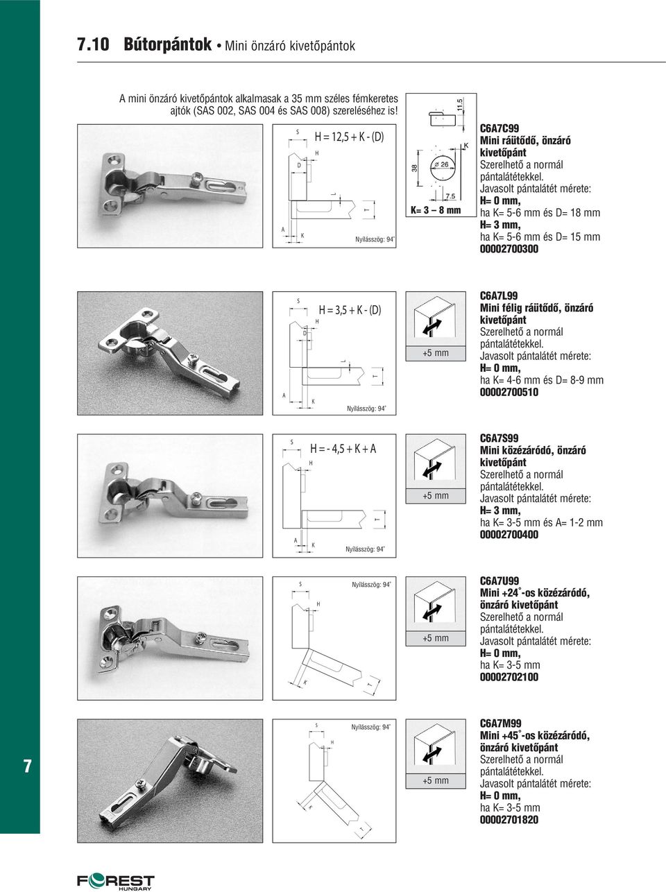 C6L99 Mini félig ráütôdô, önzáró zerelhetô a normál = 0 mm, ha = 4-6 mm és D= 8-9 mm 0000200510 = - 4,5 + + +5 mm C699 Mini közézáródó, önzáró zerelhetô a normál = 3 mm, ha