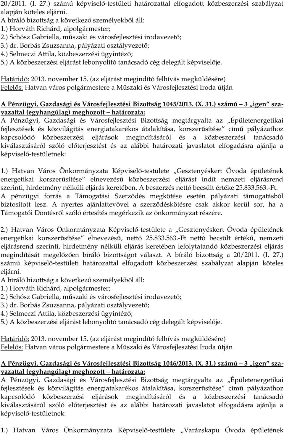 ) A közbeszerzési eljárást lebonyolító tanácsadó cég delegált képviselője. Határidő: 2013. november 15.