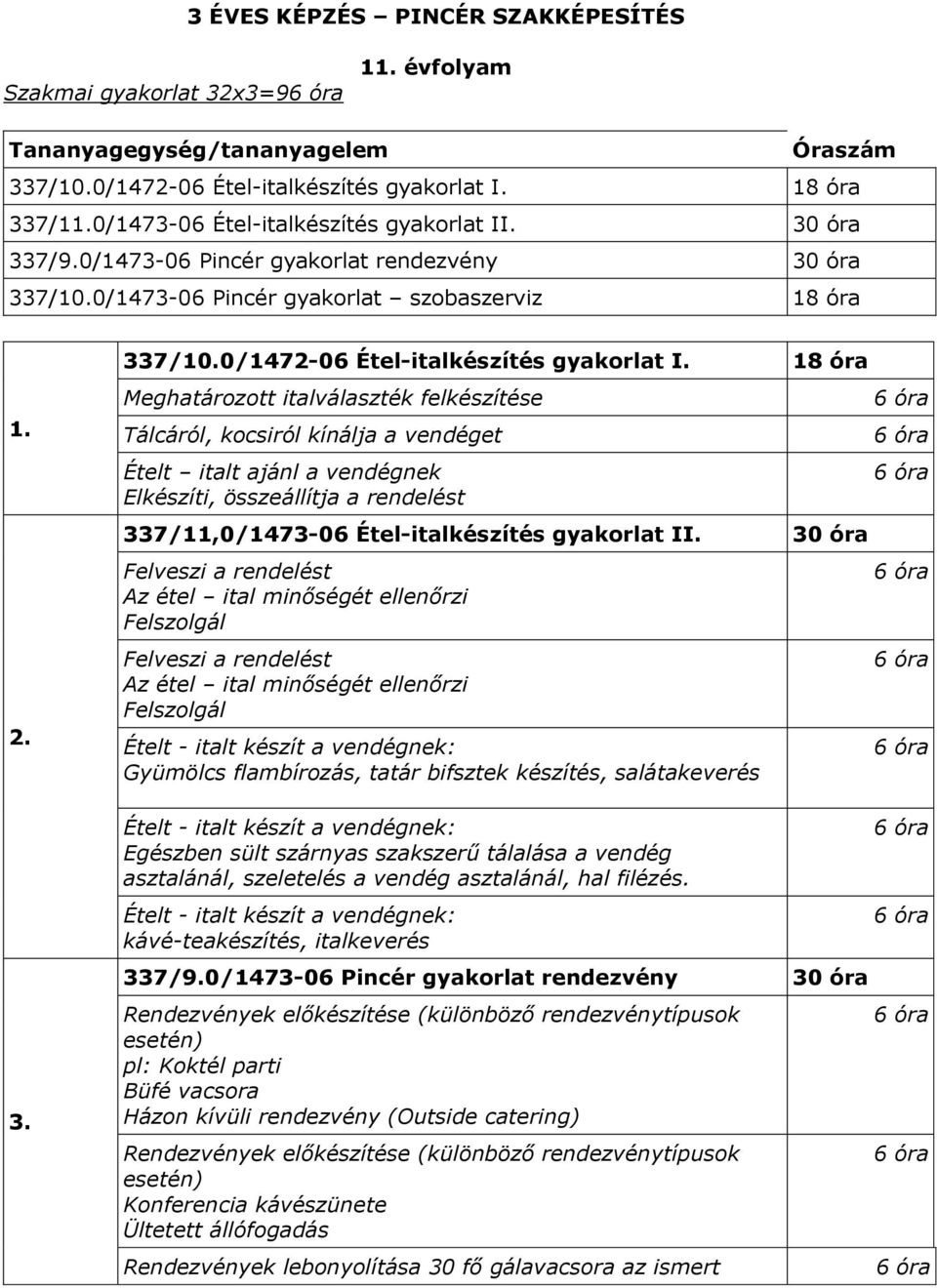 18 óra Meghatározott italválaszték felkészítése Tálcáról, kocsiról kínálja a vendéget Ételt italt ajánl a vendégnek Elkészíti, összeállítja a rendelést 337/11,0/1473-06 Étel-italkészítés gyakorlat II.
