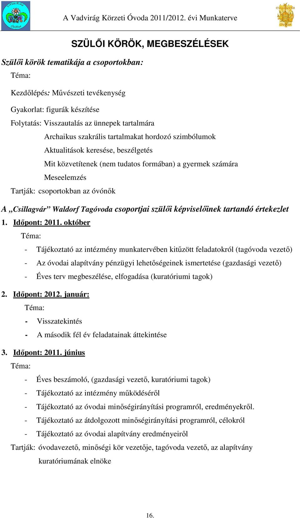 Tagóvoda csoportjai szülői képviselőinek tartandó értekezlet 1. Időpont: 2011.