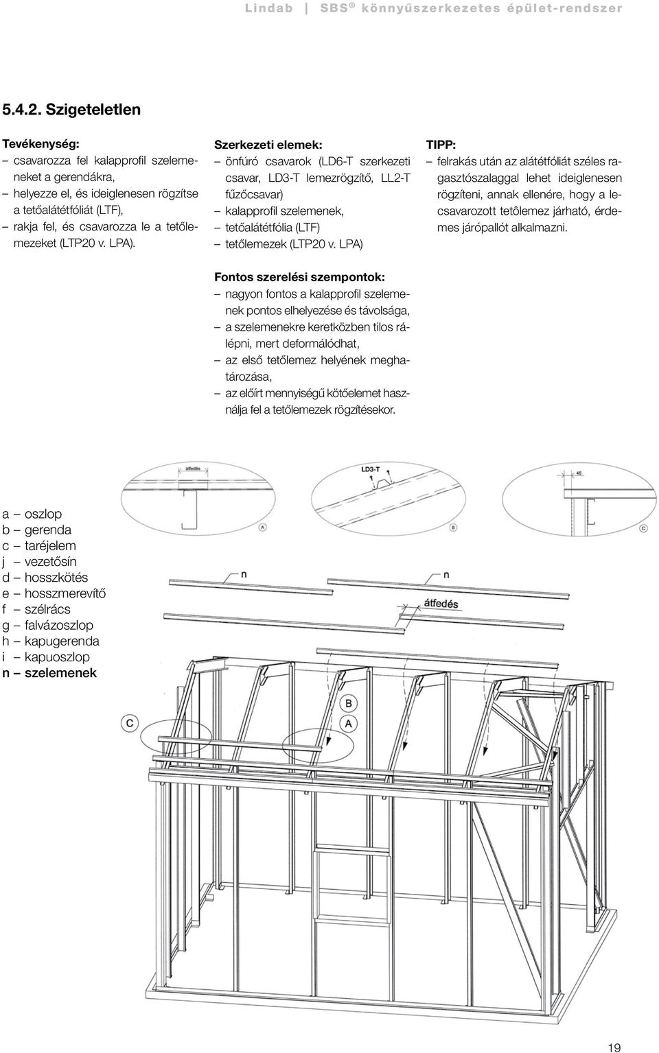 LPA). Szerkezeti elemek: önfúró csavarok (LD6-T szerkezeti csavar, LD3-T lemezrögzítő, LL2-T fűzőcsavar) kalapprofil szelemenek, tetőalátétfólia (LTF) tetőlemezek (LTP20 v.