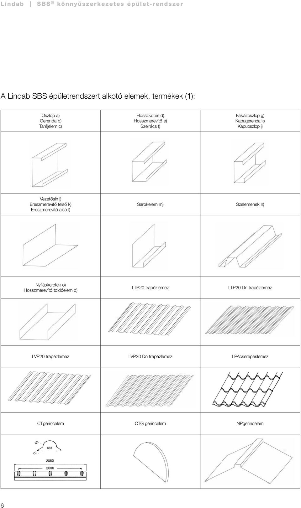 Ereszmerevítő alsó l) Sarokelem m) Szelemenek n) Nyíláskeretek o) Hosszmerevítő toldóelem p) LTP20 trapézlemez