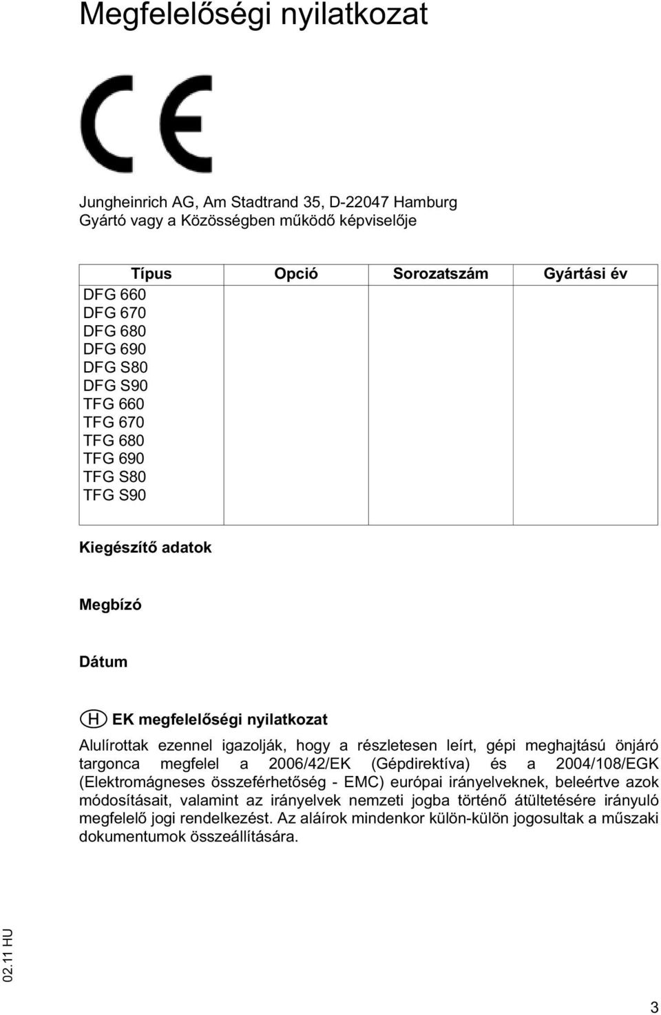 részletesen leírt, gépi meghajtású önjáró targonca megfelel a 2006/42/EK (Gépdirektíva) és a 2004/108/EGK (Elektromágneses összeférhet ség - EMC) európai irányelveknek, beleértve