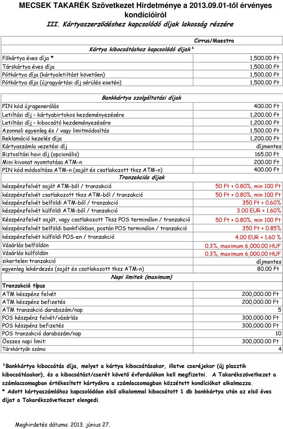 00 Ft készpénzfelvét belföldi bankfiókban, postán POS terminálon / tranzakció 350 Ft + 0.85% készpénzfelvét külföldi POS-en / tranzakció 4.00 EUR + 1.