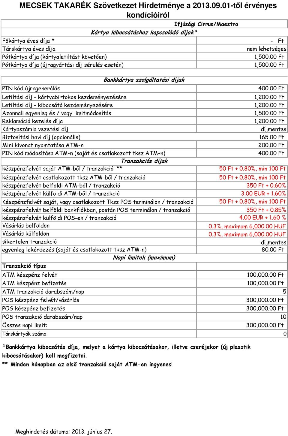 00 Ft ** készpénzfelvét belföldi bankfiókban, postán POS terminálon / tranzakció 350 Ft + 0.85% készpénzfelvét külföldi POS-en / tranzakció 4.