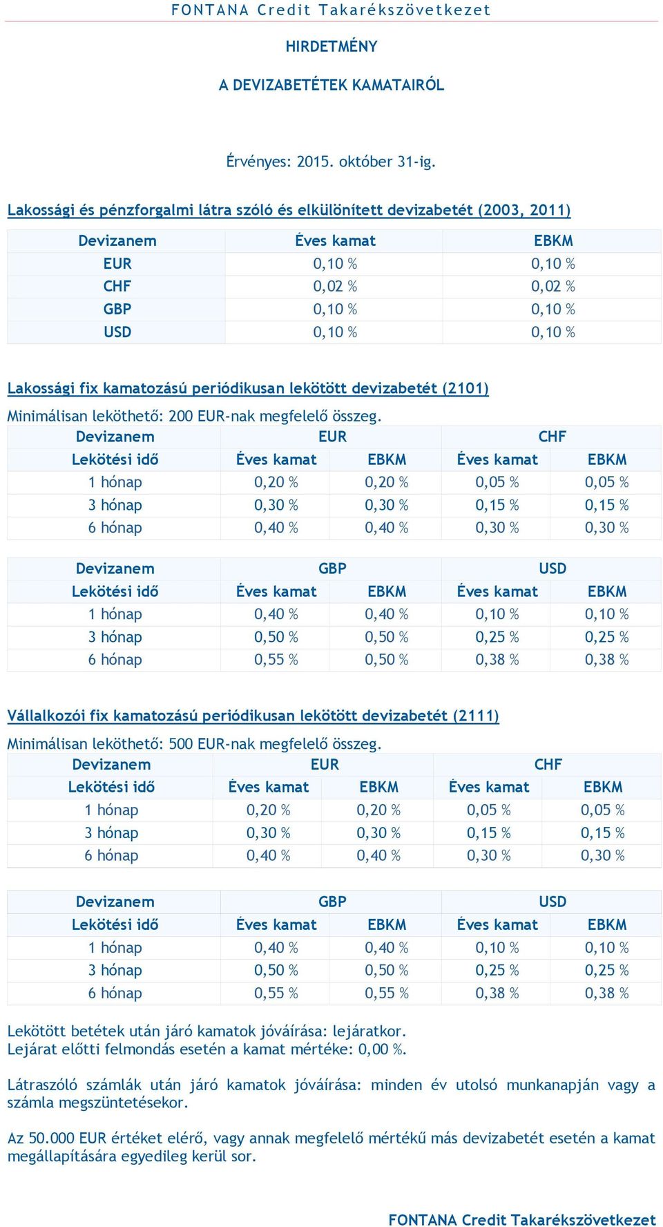 kamatozású periódikusan lekötött devizabetét (2101) Minimálisan leköthető: 200 EUR-nak megfelelő összeg.
