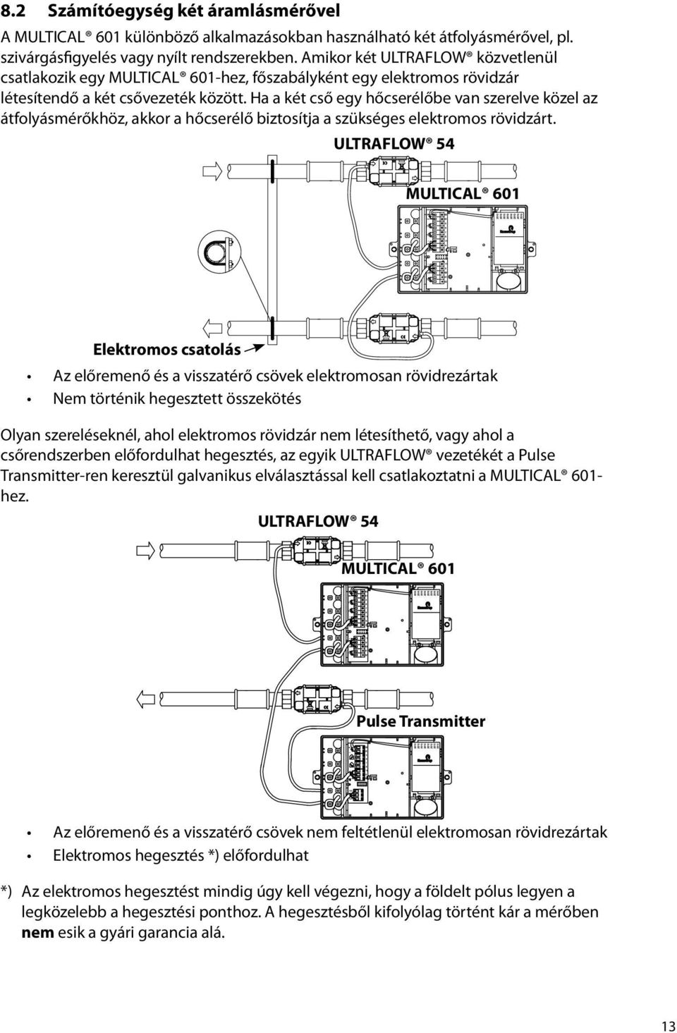 Ha a két cső egy hőcserélőbe van szerelve közel az átfolyásmérőkhöz, akkor a hőcserélő biztosítja a szükséges elektromos rövidzárt.