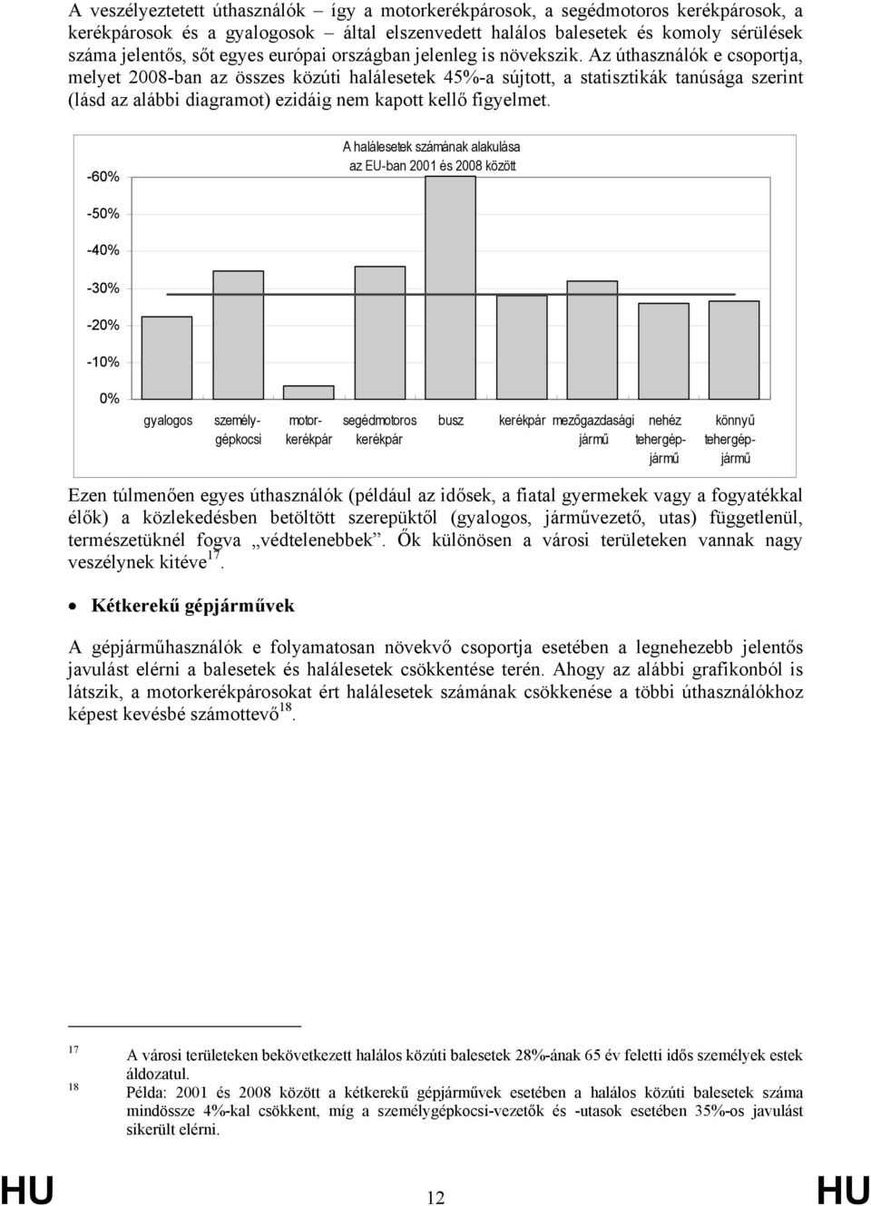Az úthasználók e csoportja, melyet 2008-ban az összes közúti halálesetek 45%-a sújtott, a statisztikák tanúsága szerint (lásd az alábbi diagramot) ezidáig nem kapott kellő figyelmet.