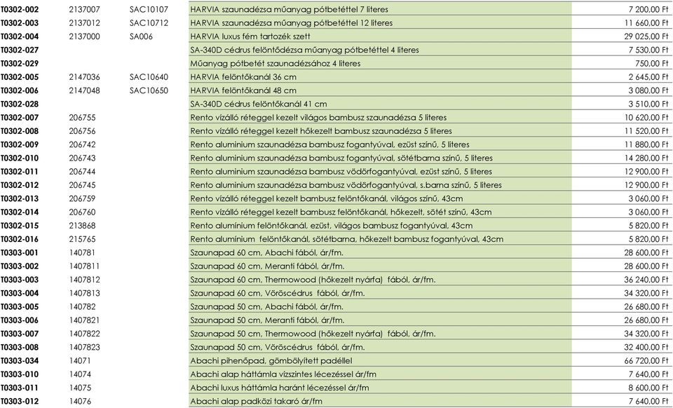 T0302-005 2147036 SAC10640 HARVIA felöntıkanál 36 cm 2 645,00 Ft T0302-006 2147048 SAC10650 HARVIA felöntıkanál 48 cm 3 080,00 Ft T0302-028 SA-340D cédrus felöntıkanál 41 cm 3 510,00 Ft T0302-007