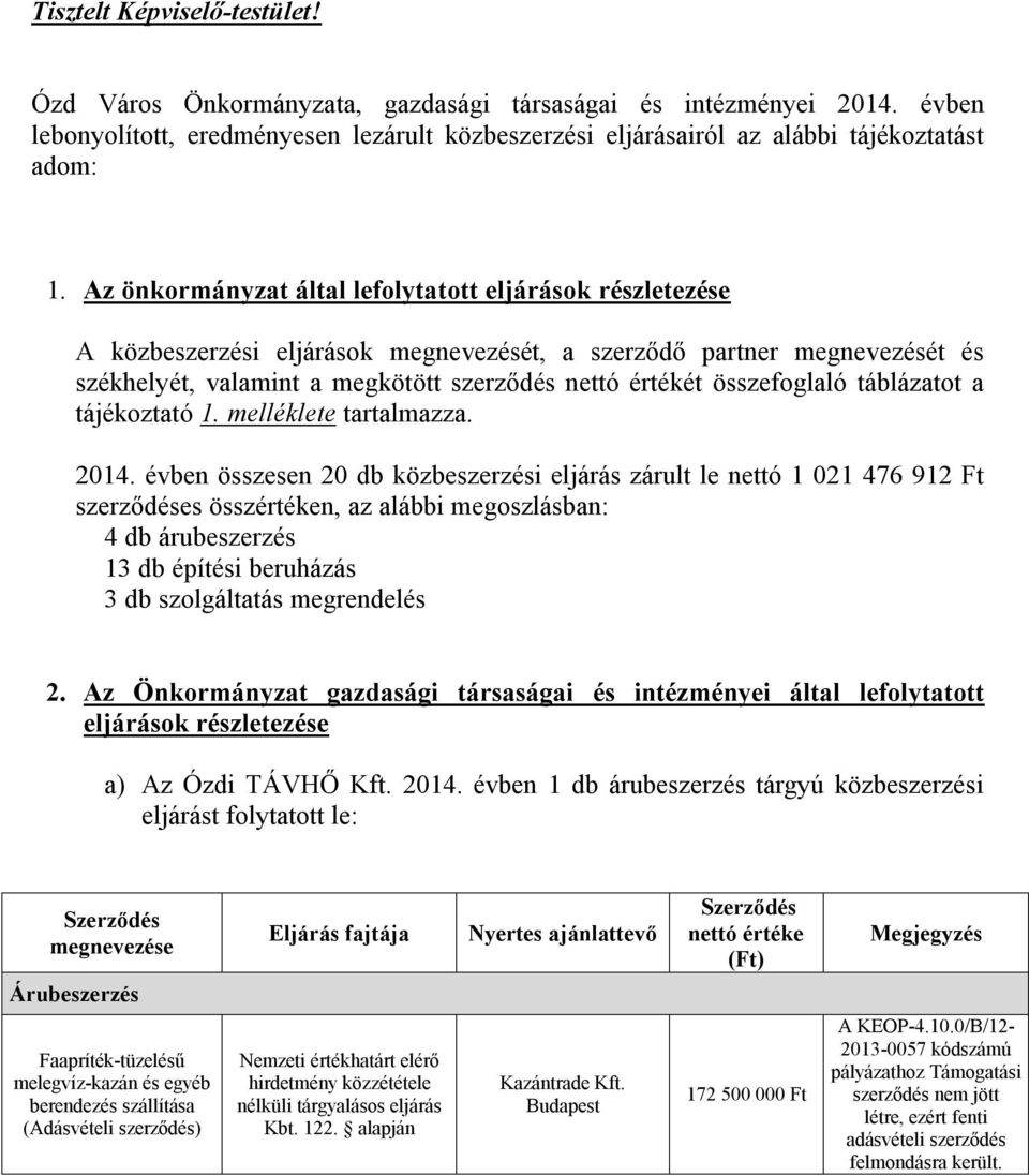 összefoglaló táblázatot a tájékoztató 1. melléklete tartalmazza. 2014.