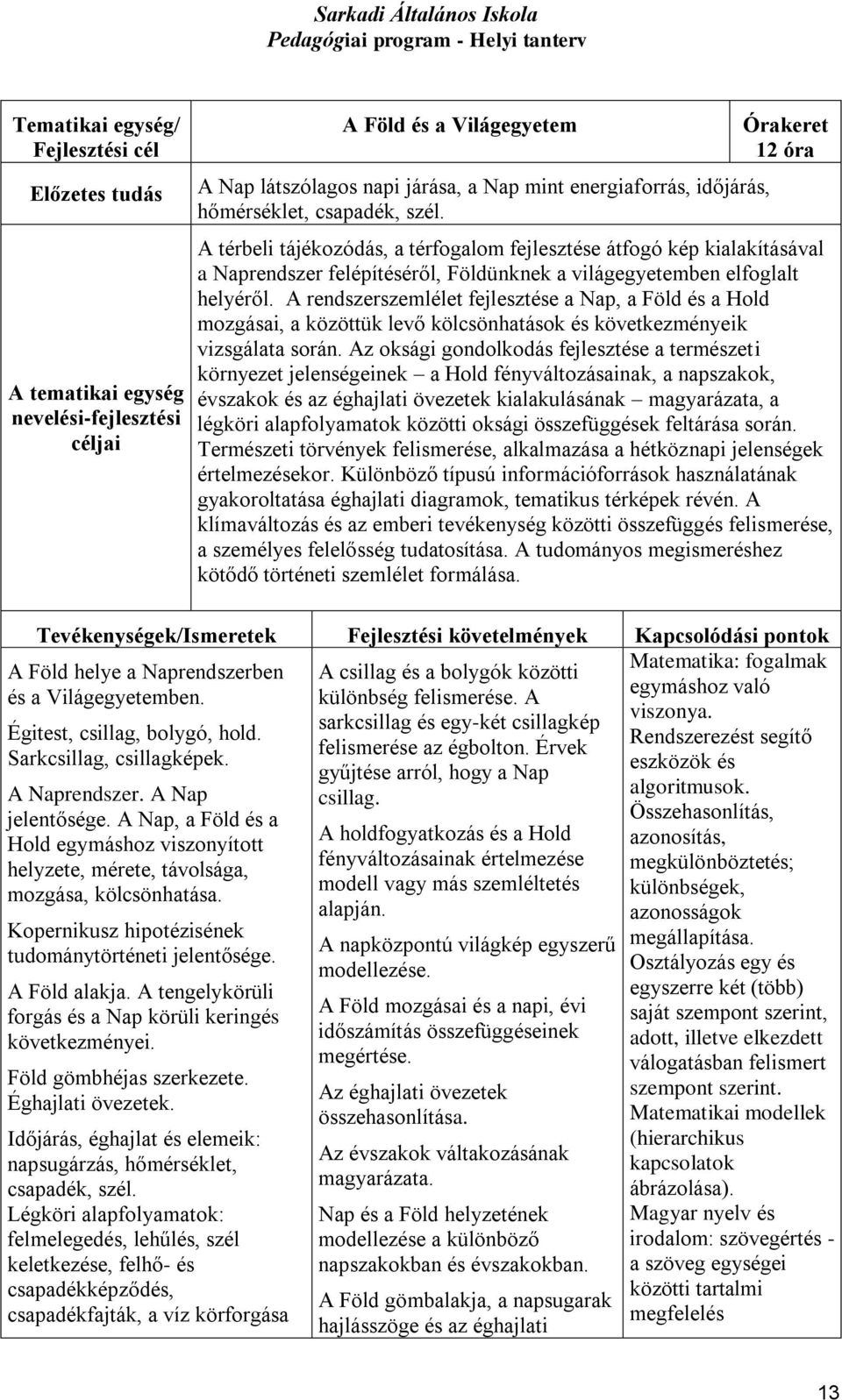 A rendszerszemlélet fejlesztése a Nap, a Föld és a Hold mozgásai, a közöttük levő kölcsönhatások és következményeik vizsgálata során.