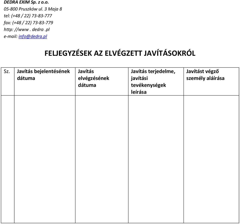 pl e-mail: info@dedra.pl FELJEGYZÉSEK AZ ELVÉGZETT JAVÍTÁSOKRÓL Sz.