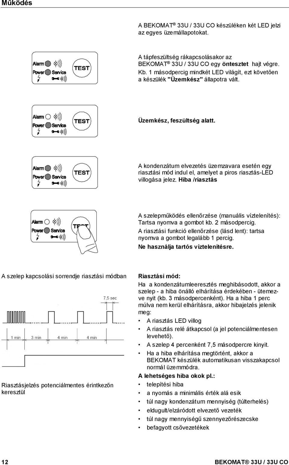 docx @ 31034 @ @ 1 Működés A BEKOMAT 33U / 33U CO készüléken két LED jelzi az egyes üzemállapotokat. A tápfeszültség rákapcsolásakor az BEKOMAT 33U / 33U CO egy öntesztet hajt végre. Kb.