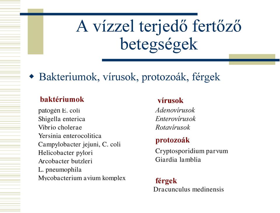 coli Adenovírusokjelentős Shigella enterica Enterovírusok jelentős Vibrio cholerae Rotavírusok jelentős Yersinia enterocolitica jelentős protozoák