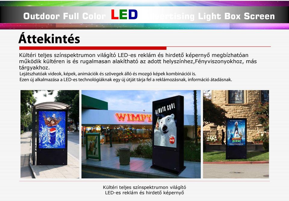 Lejátszhatóak videok, képek, animációk és szövegek álló és mozgó képek