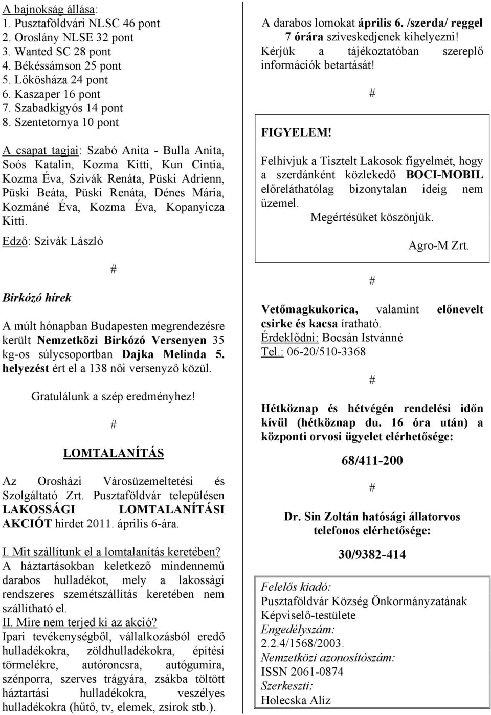 Kozma Éva, Kopanyicza Kitti. Edző: Szivák László Birkózó hírek A múlt hónapban Budapesten megrendezésre került Nemzetközi Birkózó Versenyen 35 kg-os súlycsoportban Dajka Melinda 5.