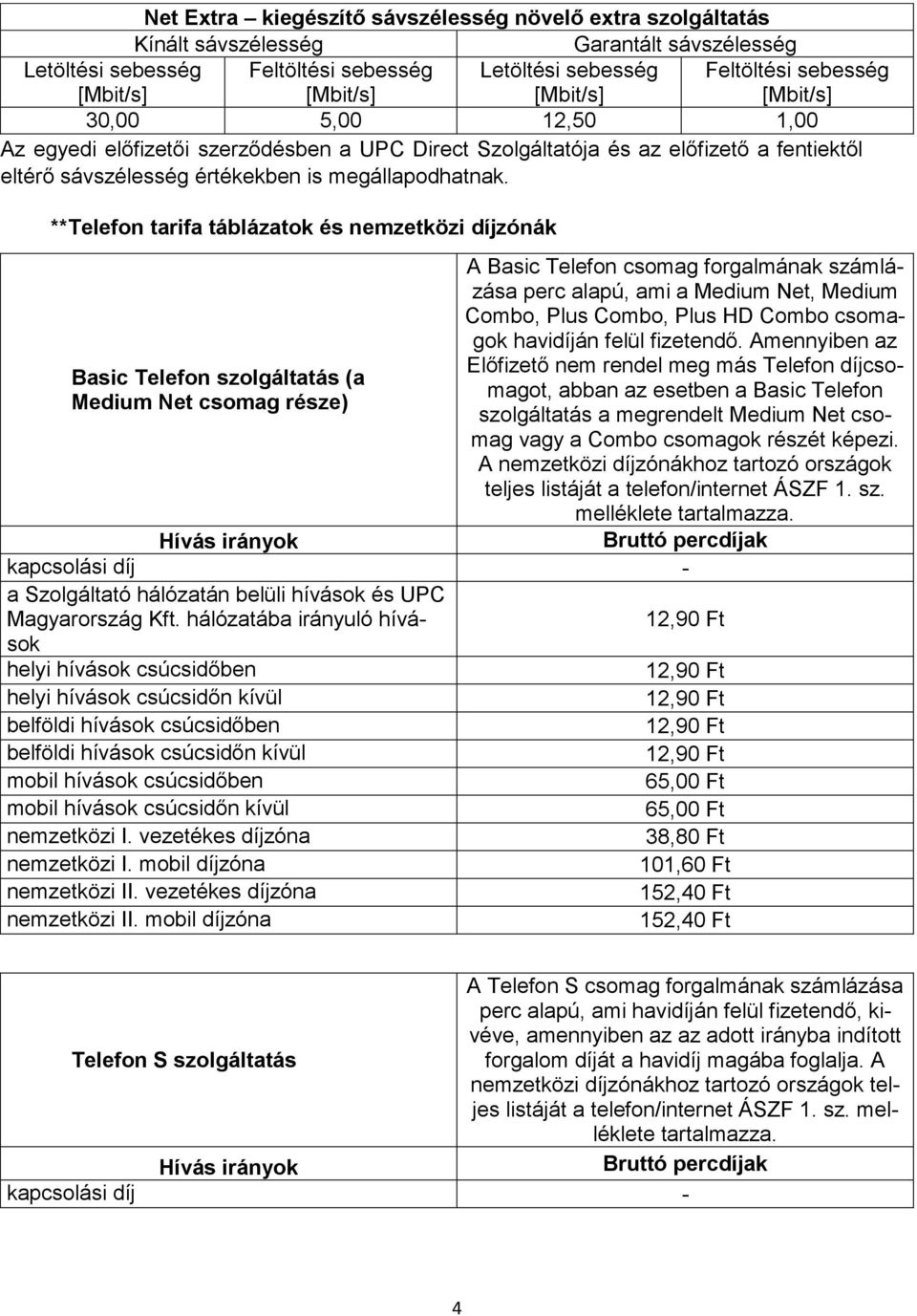 **Telefon tarifa táblázatok és nemzetközi díjzónák Basic Telefon szolgáltatás (a Medium Net csomag része) A Basic Telefon csomag forgalmának számlázása perc alapú, ami a Medium Net, Medium Combo,