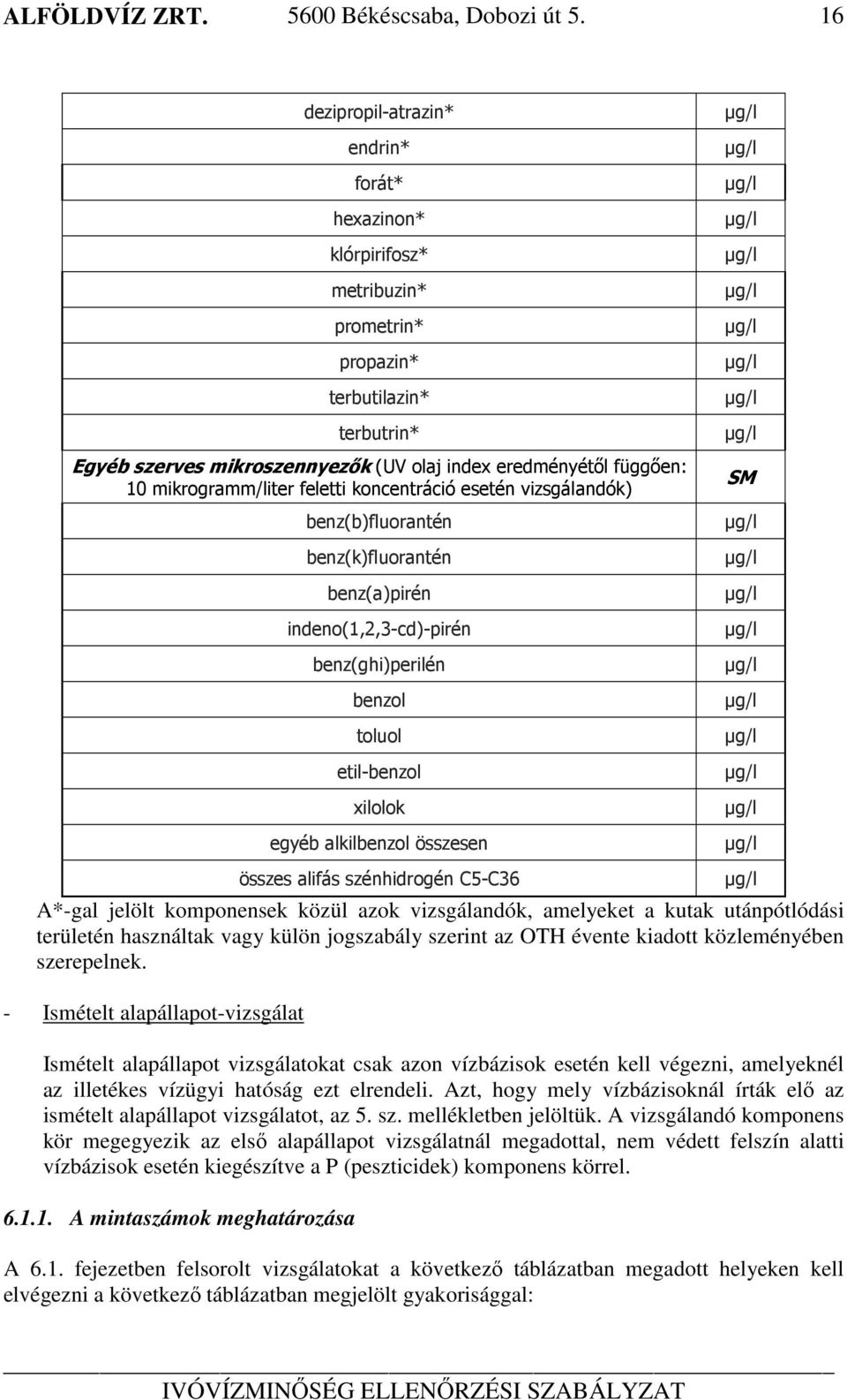 mikrogramm/liter feletti koncentráció esetén vizsgálandók) benz(b)fluorantén benz(k)fluorantén benz(a)pirén indeno(1,2,3-cd)-pirén benz(ghi)perilén benzol toluol etil-benzol xilolok egyéb alkilbenzol