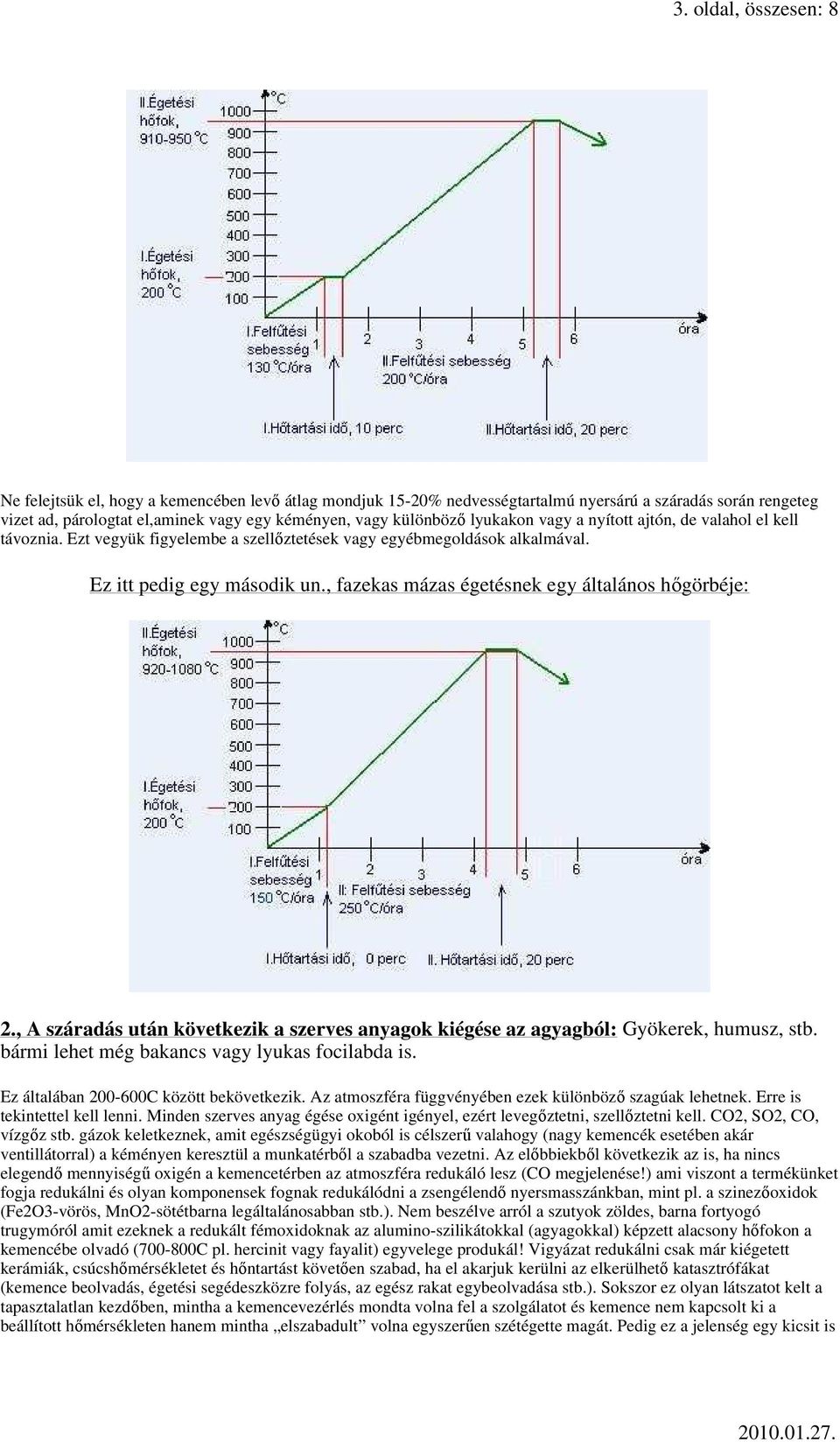 , fazekas mázas égetésnek egy általános hıgörbéje: 2., A száradás után következik a szerves anyagok kiégése az agyagból: Gyökerek, humusz, stb. bármi lehet még bakancs vagy lyukas focilabda is.