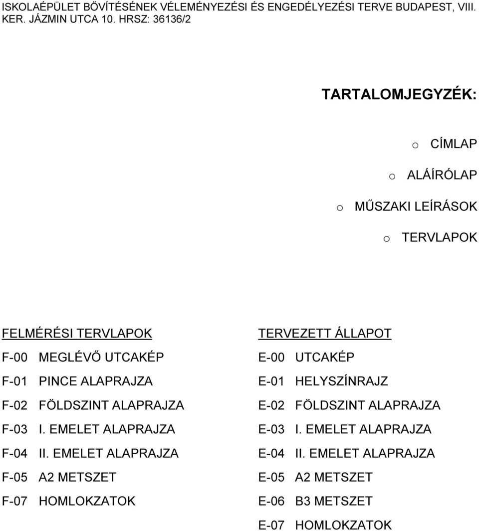 EMELET ALAPRAJZA F-05 A2 METSZET F-07 HOMLOKZATOK TERVEZETT ÁLLAPOT E-00 UTCAKÉP E-01 HELYSZÍNRAJZ E-02