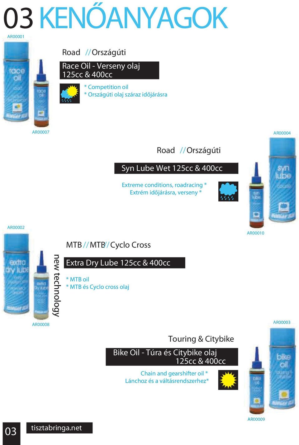 // MTB// Cyclo Cross AR00010 AR00008 new technology Extra Dry Lube 125cc & 400cc * MTB oil * MTB és Cyclo cross olaj AR00003 Touring &