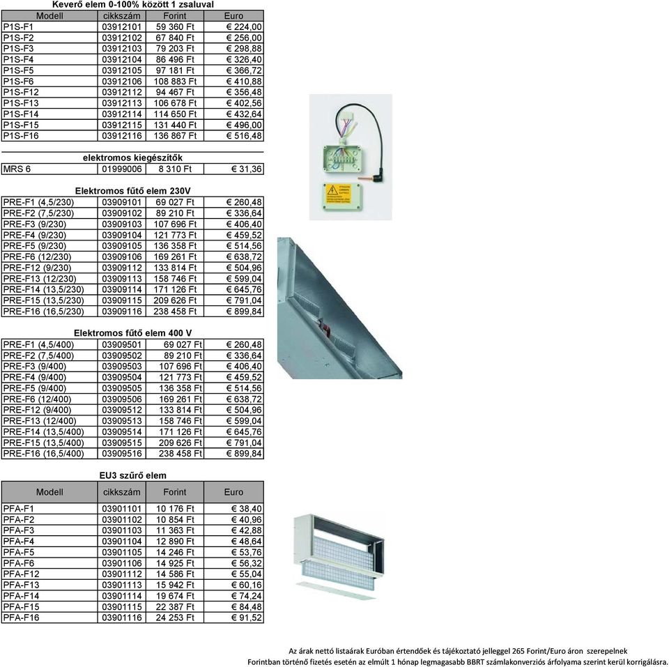 136 867 Ft 516,48 elektromos kiegészítők MRS 6 01999006 8 310 Ft 31,36 Elektromos fűtő elem 230V PRE-F1 (4,5/230) 03909101 69 027 Ft 260,48 PRE-F2 (7,5/230) 03909102 89 210 Ft 336,64 PRE-F3 (9/230)