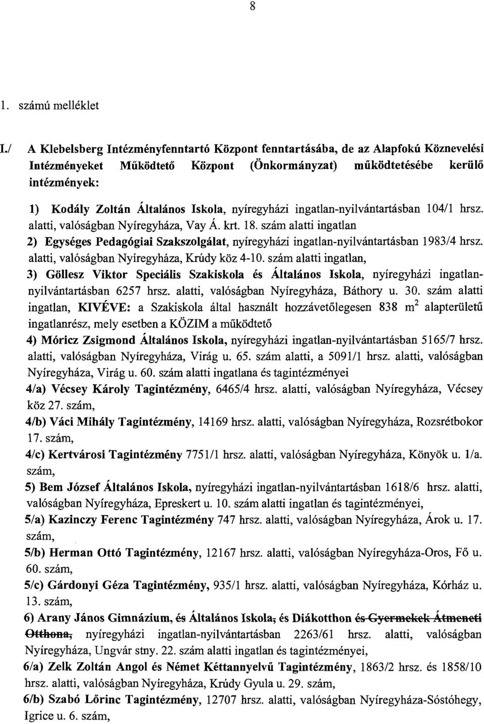 Iskola, nyíregyházi ingatlan-nyilvántartásban 104/1 hrsz. alatti, valóságban Nyíregyháza, Vay Á. krt. 18.