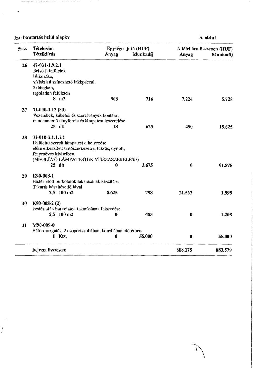 13 (30) Vezetékek, kábelek és szerelvények bontása; mindennemű fényforrás és lámpatest leszerelése 25 db 18 625 450 15.625 28 71-010-1.1.1.1.1 Felületre szerelt lámpatest elhelyezése előre elkészített tartószerkezetre, tükrös, nyitott, fénycsöves kivitelben, (MEGLÉVŐ LÁMPATESTEK VISSZASZERELÉSE) 25 db 0 3.