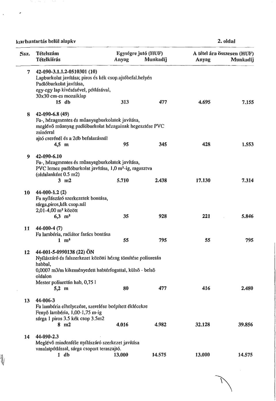 8 (49) Fa-, hézagmentes és müanyagburkolatok javítása, meglévő műanyag padlóburkolat hézagainak hegesztése PVC zsinórral ajtó cserénél és a 2db befalazásnál 4,5 m 95 345 42-090-6.