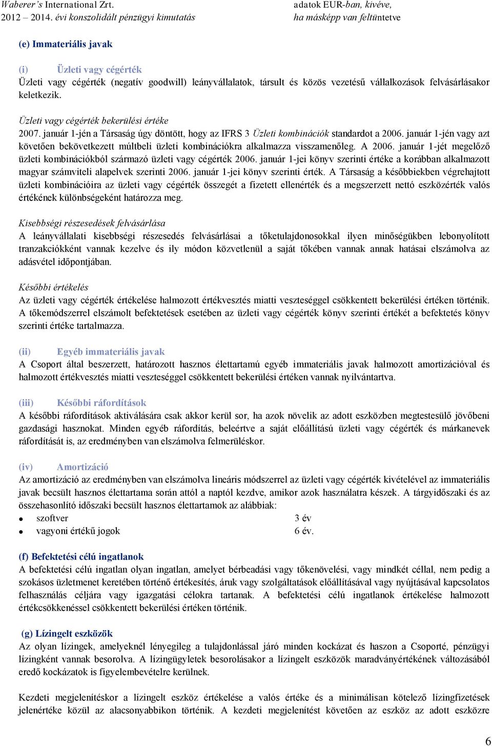 január 1-jén vagy azt követően bekövetkezett múltbeli üzleti kombinációkra alkalmazza visszamenőleg. A 2006. január 1-jét megelőző üzleti kombinációkból származó üzleti vagy cégérték 2006.