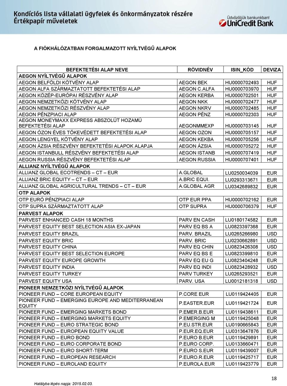 ALFA HU0000703970 HUF AEGON KÖZÉP-EURÓPAI RÉSZVÉNY ALAP AEGON KERBA HU0000702501 HUF AEGON NEMZETKÖZI KÖTVÉNY ALAP AEGON NKK HU0000702477 HUF AEGON NEMZETKÖZI RÉSZVÉNY ALAP AEGON NKRV HU0000702485