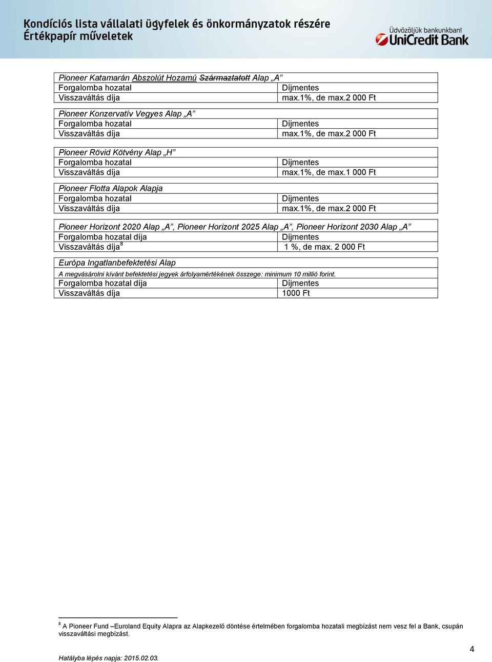 1%, de max.1 000 Ft max.1%, de max.2 000 Ft Pioneer Horizont 2020 Alap A, Pioneer Horizont 2025 Alap A, Pioneer Horizont 2030 Alap A díja Visszaváltás díja 8 1 %, de max.