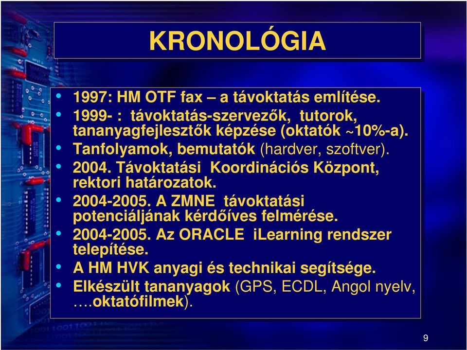 Tanfolyamok, bemutatók (hardver, szoftver). 2004. Távoktatási Koordinációs Központ, rektori határozatok. 2004-2005.