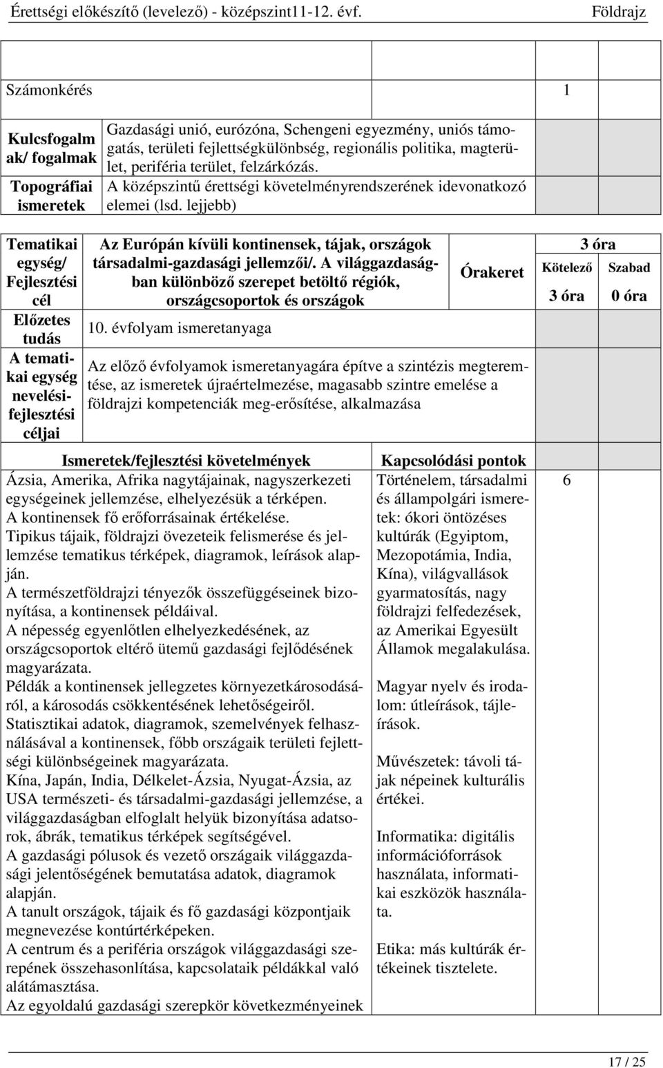 lejjebb) Tematikai egység/ Fejlesztési cél Előzetes tudás A tematikai egység nevelésifejlesztési céljai Az Európán kívüli kontinensek, tájak, országok társadalmi-gazdasági jellemzői/.