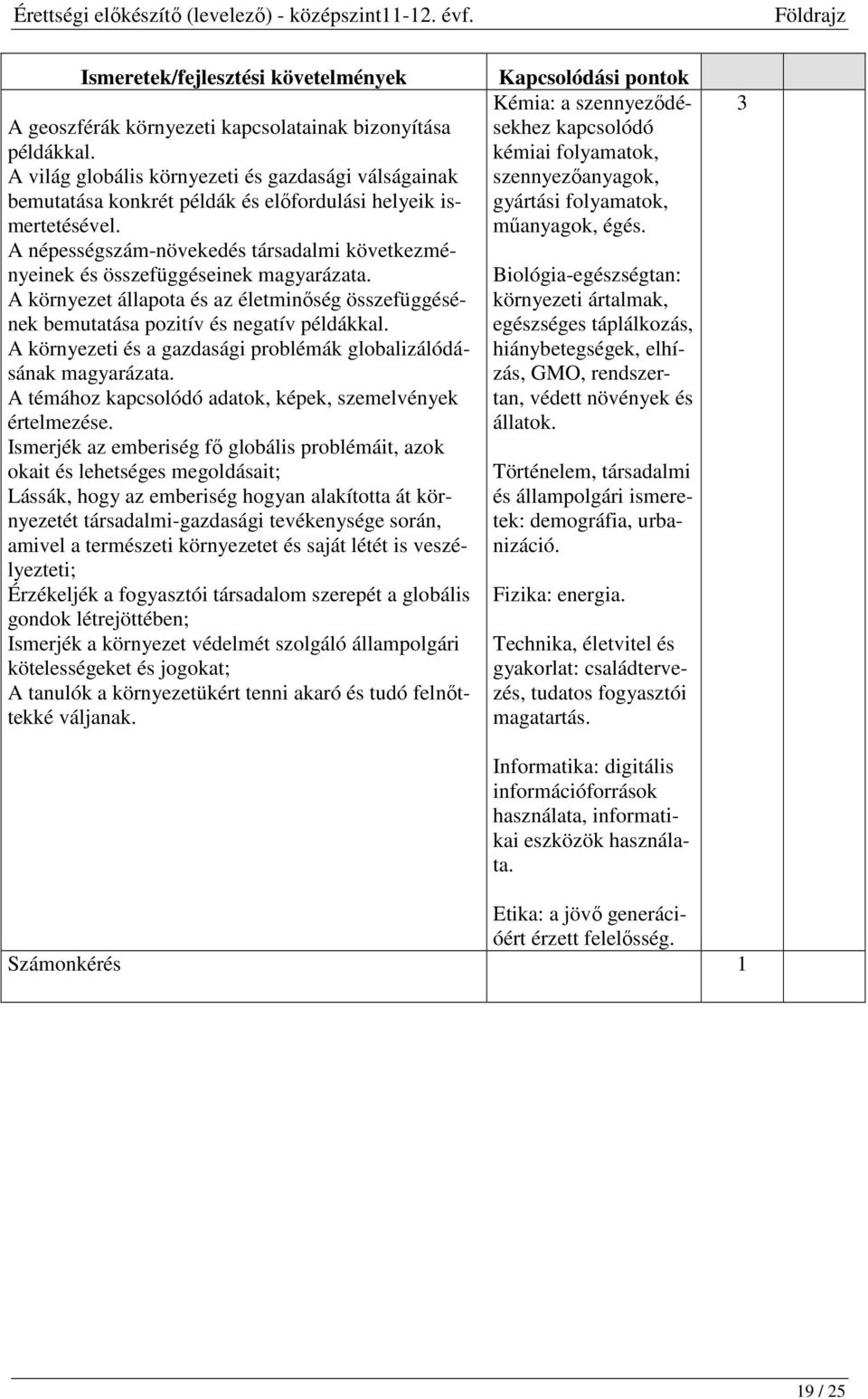 A népességszám-növekedés társadalmi következményeinek és összefüggéseinek magyarázata. A környezet állapota és az életminőség összefüggésének bemutatása pozitív és negatív példákkal.