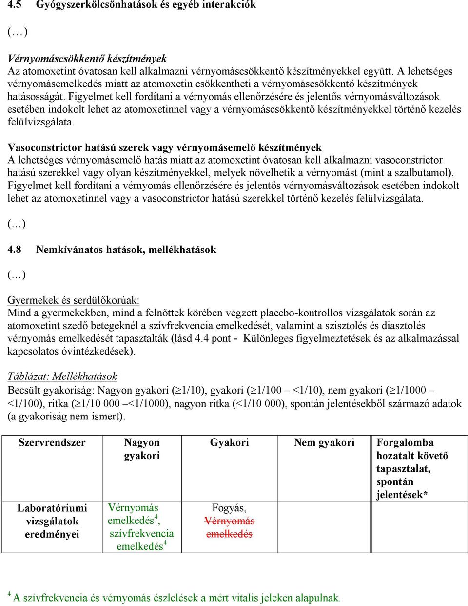 Figyelmet kell fordítani a vérnyomás ellenőrzésére és jelentős vérnyomásváltozások esetében indokolt lehet az atomoxetinnel vagy a vérnyomáscsökkentő készítményekkel történő kezelés felülvizsgálata.